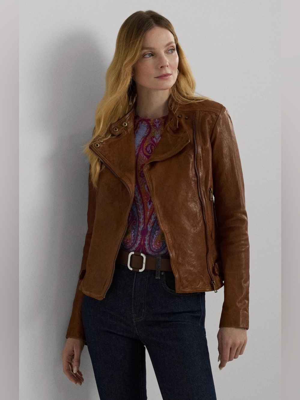 Ralph Lauren Polo Cognac Brown Lamb Leather Moto Jacket size 6